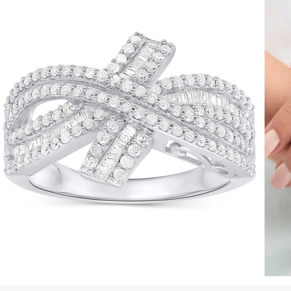 Diamond Round & Baguette Crossover Ring, 3/4 ct.t.w in sterling silver